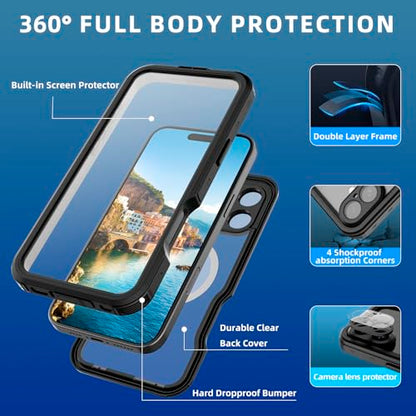 Waterproof Clear Case for iPhone16 Plus, IP68 Magnetic DropProof, BlackSide - size: iPhone 16 Plus 6.7 inch