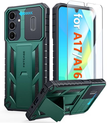 FNTCASE for Samsung Galaxy A17/A16 Phone Case with Slide Camera Cover Green | Built in Kickstand, Military Grade Dropproof Protection, Heavy Duty Rugged Phonecase, Outdoor Protection - color: Green, size: For Galaxy A16/A17 6.7 Inch
