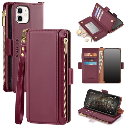 Antsturdy Compatible with iPhone 12 Wallet Case,RFID Blocking PU Leather Phone Case Women Men Kickstand Flip Cover Wrist Strap Zipper Credit Card Holder Slots,for Apple 12 Pro 6.1",Wine Red | RFID Blocking,with Credit Card Holder Slots,PU Leather Purse,Zi