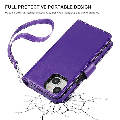Bocasal Detachable Wallet Case Card Holder for iPhone 15, Purple | RFID Blocking Kickstand Card Slots Holder PU Leather Magnetic Shockproof Wrist Strap Removable Flip Protective Cover 6.1 inch - color: Purple