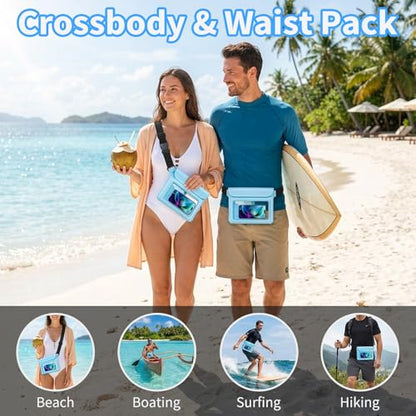 Waterproof Pouch Bag Set IPX8 2 Pcs: Blue Water Proof Fanny Pack 9.8" with Clear Window & Black Waterproof Phone Case 7" Phone Pouch, Floating Belt Bag with Crossbody Waist Strap, Cruise Essentials - color: Blue fanny pack + Phone pouch 7"