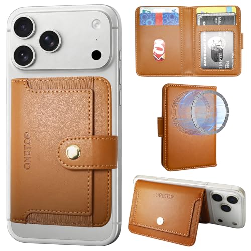 ONETOP for MagSafe Wallet,Magnetic Phone Wallet with 5 Card Slots,Brown | 1-12 Cards/Cash Holder for iPhone 17/16/15/14/13/12 Series,Detachable Wallet Stick-On Back,PU Leather RFID Blocking Kickstand - color: Brown