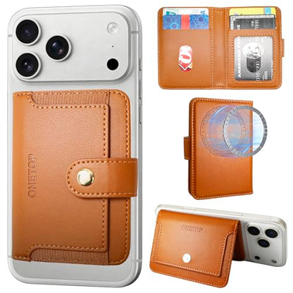 ONETOP for MagSafe Wallet,Magnetic Phone Wallet with 5 Card Slots,Brown | 1-12 Cards/Cash Holder for iPhone 17/16/15/14/13/12 Series,Detachable Wallet Stick-On Back,PU Leather RFID Blocking Kickstand - color: Brown