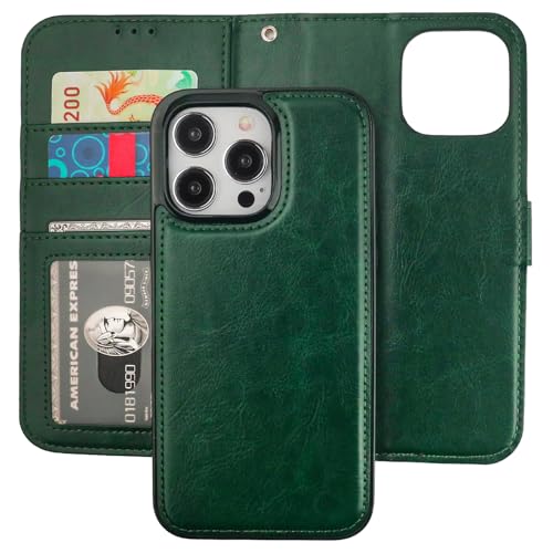 Bocasal Detachable Wallet Case Card Holder for iPhone 15 Pro Max Green | RFID Blocking Kickstand Card Slots Holder PU Leather Magnetic Shockproof Wrist Strap Removable Flip Protective Cover 6.7 inch - color: Green
