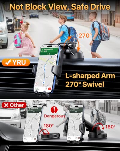 YRU 2026【100+LBS Suction & Flexible Low-Profile Arm】 Car Phone Holder Mount - color: Dark Black
