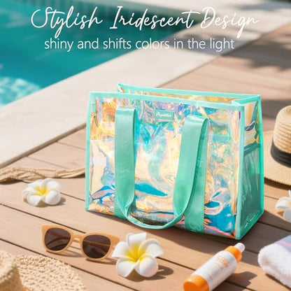 Bagstellar Iridescent Beach Bag, Jelly Tote Bag with Phone Pouch Makeup Bag | Large Beach Bags Waterproof Sandproof, Zipper Beach Tote Clear Pool Swim Boat Bag for Women Summer Travel Cruise Essentials - color: Turquoise