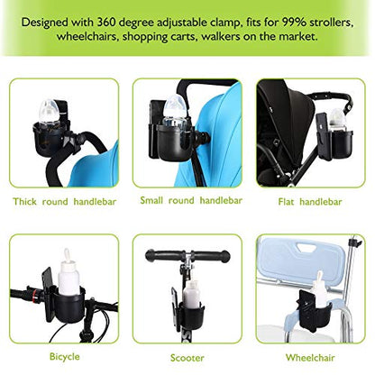 Accmor Stroller Cup Holder with Phone Holder, Bike Cup Holder, Universal Cup Holder for Uppababy Nuna Strollers, 2-in-1 Drinks Holder for Walker, Wheelchair, Scooter - color: All Black