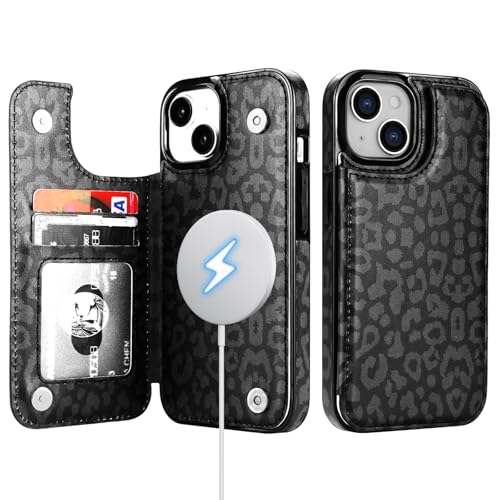 HAOPINSH for iPhone 14 Case Wallet Compatible with MagSafe Wireless Charging, Black Leopard Pattern Back Flip Folio RFID Blocking Leather Kickstand Card Slots Case Double Magnetic Clasp Cover 6.1" - color: Black Leopard MagSafe