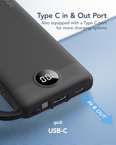 VRURC Portable Charger, Slim Power Bank Built-in 4 Cables, Travel Essential - color: Black