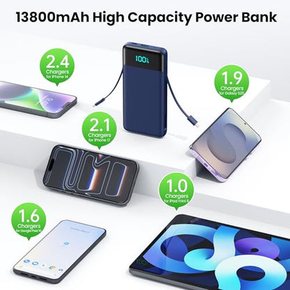 Portable Charger with Built-in AC Plug and Cables,13800mAh All in One USB C Fast Charging Power Bank,Travel Essentials Portable Phone Charger Battery Pack for iPhone 17/16/14,Galaxy,Android-Dark Blue - color: Dark Blue