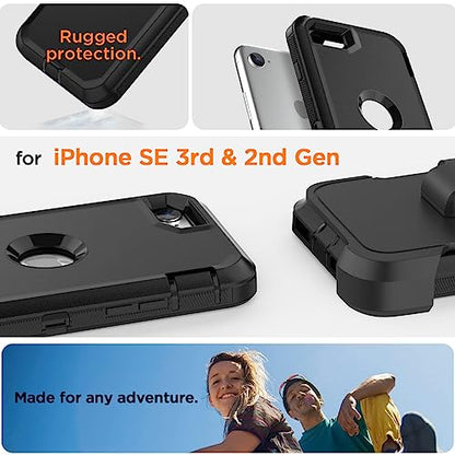 AICase for iPhone SE Case 3rd & 2nd Generation with Belt-Clip Holster, for iPhone SE 2022/2020 Case Built-in Screen Protector Heavy Duty Protective Full Body Rugged Phone Cover, Black - color: Black + Clip
