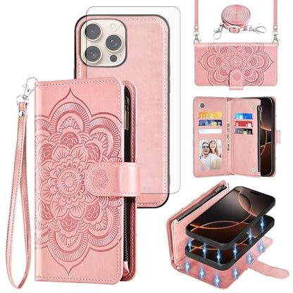Asuwish Phone Case for iPhone 16 Pro 6.3 inch Zipper Wallet Magnetic Detachable Cell Cover with Tempered Glass Screen Protector Crossbody Strap Flower Card Holder i Phone16 i16 16Pro Women Rose Gold - color: Rose Gold