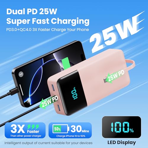 Portable Charger 50800mAh Power Bank with 3 Built in Cables,25W PD QC4.0 Fast Charging USB C Battery Pack,6 Outputs 2 Inputs Travel Essentials Phone Charger for iPhone 18/17/16/15/Pro,Android,Pink - color: Pink