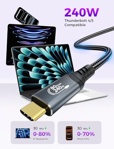 6.6FT 240W USB C Cable, 80Gbps USB4 Data Braided High Speed Cable