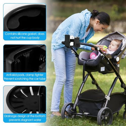 4-in-1 Universal Stroller Cup Holder with 360° Phone Mount - Adjustable Drink & Phone Holder for Strollers, Wheelchairs, Bikes, and Scooters 【Black】