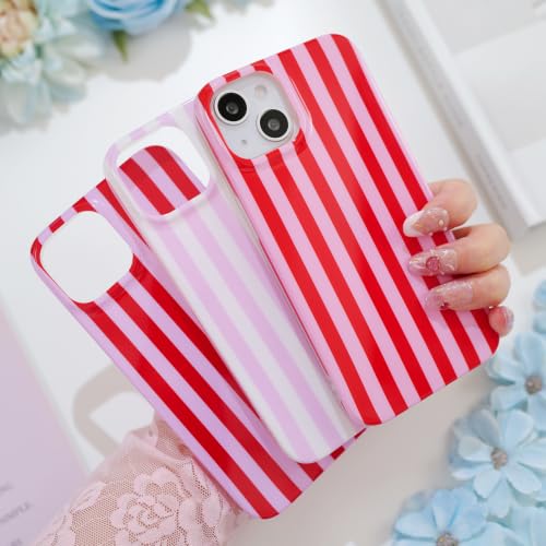 Striped case for iPhone 13/14 Red/Pink | Aesthetic Striped，Full Protection Soft TPU，will not peel, fade or rub off ，Kawaii Cute Phone Case for Women Girls - color: Imd Striped Red/Pink