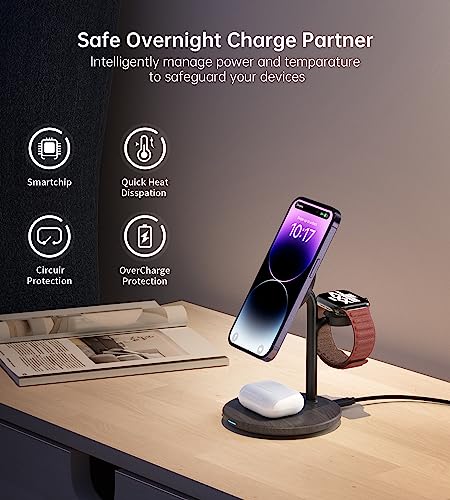 3 in 1 Magnetic Wireless Charging Station for Apple Devices,15W for Magsafe - color: Black Woodgrain
