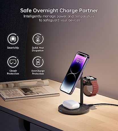 3 in 1 Magnetic Wireless Charging Station for Apple Devices,15W for Magsafe - color: Black Woodgrain