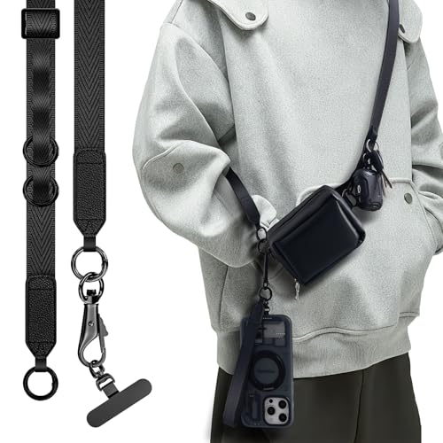 Phone Lanyard with Wallet, Adjustable Crossbody Phone Strap(Black) - color: Black