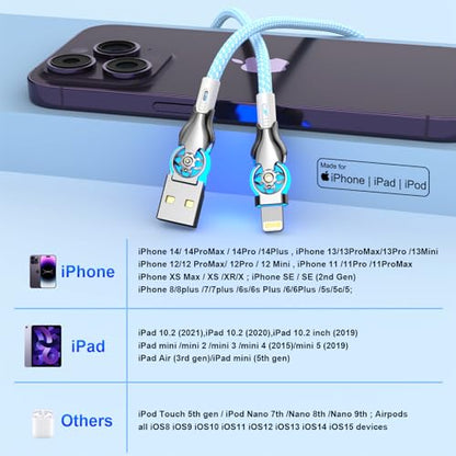 MTAKYI Bidirectional 90 Degree iPhone Charging Cable 6FT, 180°Rotating Angle Lightning Cable, High Speed Data Sync iPhone Lightning Charger Cable for Phone 14/13/12/11/Pro/Max/XS/XR/X/8/7/Plus/6S - color: Blue