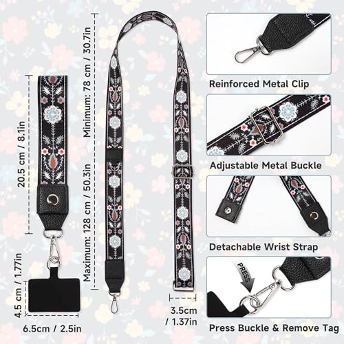 FUVLIFE Cell Phone Lanyard Crossbody, Clip and Go Phone Strap with Wallet | Phone Strap with Zippered Pouch for Travel Cruise, Adjustable 43”–62”, Datechable Phone Wrist Strap, Women Men Teacher Gift - color: Flower