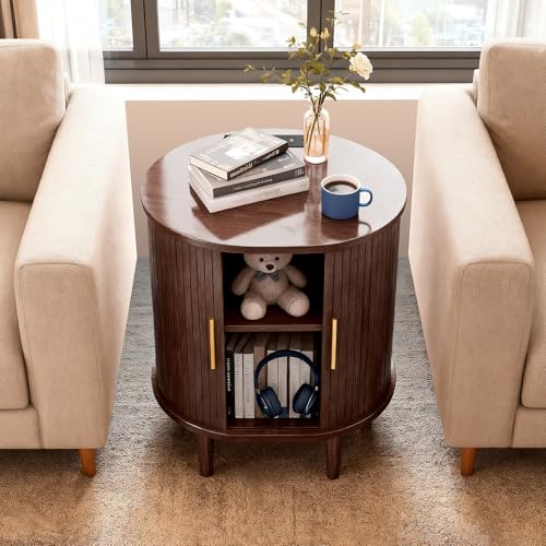 DHH Mid Century Modern Nightstand with Charging Station, Fluted Accent Side Table with Sliding Door & Adjustable Shelf, End Table for Small Space, Living Room, Bedroom,Sofa Couch (1, Walnut) - color: Walnut