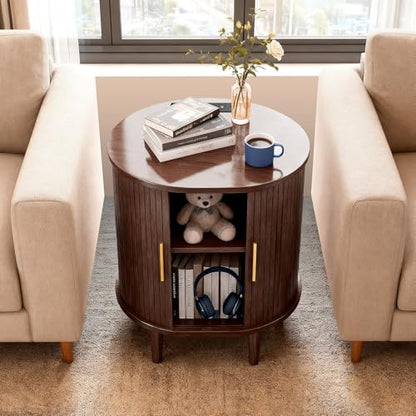 DHH Mid Century Modern Nightstand with Charging Station, Fluted Accent Side Table with Sliding Door & Adjustable Shelf, End Table for Small Space, Living Room, Bedroom,Sofa Couch (1, Walnut) - color: Walnut
