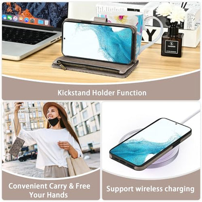Asuwish Phone Case for Samsung Galaxy S22 5G Zipper Wallet Detachable Cell Cover with Tempered Glass Screen Protector Crossbody Strap Flower Card Holder Slot S 22 22S 4G G5 6.1 inch Women Girls Gray - color: Gray