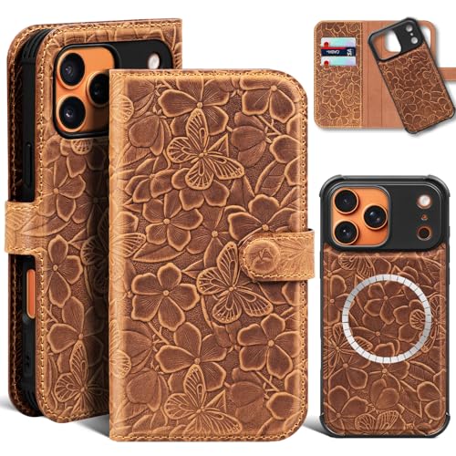 Genuine Leather Wallet Case for iPhone 17 Pro, Brown | 2-in-1 Magnetic Detachable, Flip Folio Cover, Card Slots, RFID Blocking, Shockproof Protection - color: Brown, size: 17 Pro 6.3‘’
