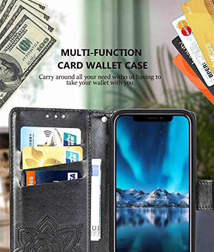 for iPhone 12 Pro/iPhone 12 Wallet Case,Women Flip Folio Cover with Butterfly Embossed PU Leather Kickstand Credit Card Holder Slots Wrist Strap for iPhone 12/12 Pro 6.1 inch (Black) - color: Black
