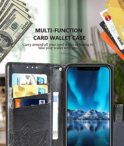 for iPhone 12 Pro/iPhone 12 Wallet Case,Women Flip Folio Cover with Butterfly Embossed PU Leather Kickstand Credit Card Holder Slots Wrist Strap for iPhone 12/12 Pro 6.1 inch (Black) - color: Black