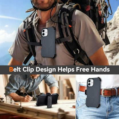 for iPhone 16 Case with Belt Clip, Compatible with Magsafe, Gray | Anti-Drop, Anti-Fingerprint, 3 in 1 Heavy Duty Shockproof Protection for iPhone 16 Case Rugged with Kickstand - color: Gray