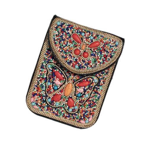 Women's Mobile Phone Bag, Cellphone Pouch, Retro Beads Shoulder Bag, Handcrafted Embellished Clutch Purse, Beaded Design - color: 12a