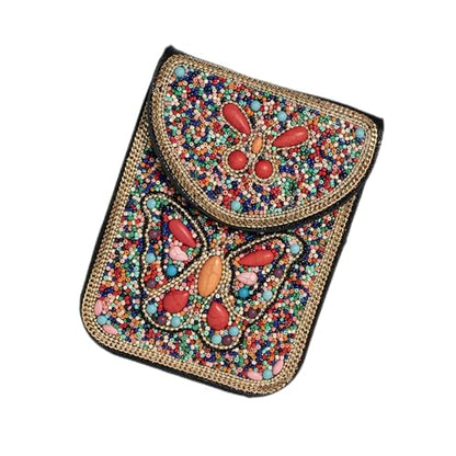 Women's Mobile Phone Bag, Cellphone Pouch, Retro Beads Shoulder Bag, Handcrafted Embellished Clutch Purse, Beaded Design - color: 12a
