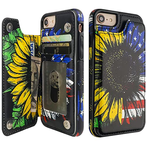 HAOPINSH iPhone SE(2022)/SE(2020)/7/8 Wallet Case with Card Holder, American Flag Flowers Flip Folio PU Leather Kickstand Card Slots, Double Magnetic Clasp Cover 4.7 - color: American Flag Sunflowers