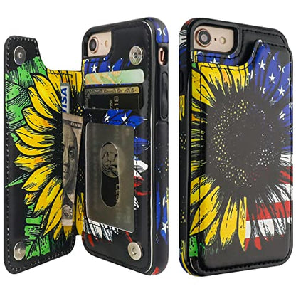 HAOPINSH iPhone SE(2022)/SE(2020)/7/8 Wallet Case with Card Holder, American Flag Flowers Flip Folio PU Leather Kickstand Card Slots, Double Magnetic Clasp Cover 4.7 - color: American Flag Sunflowers
