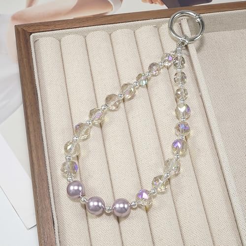 Sparkle Crystal Pearl Phone Wrist Strap for Women, Sparkling Beaded Cellphone Lanyard Chain - color: Purple