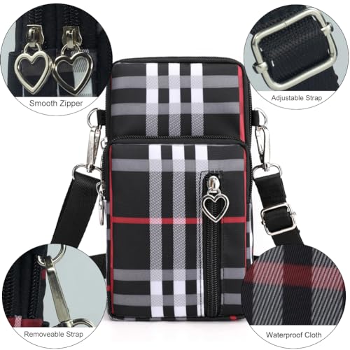Small Crossbody Bag for Women, Multi Zip Pockets Nylon Wallet Purse Credit Card Holder with Detachable Hand Strap - color: Black Grid