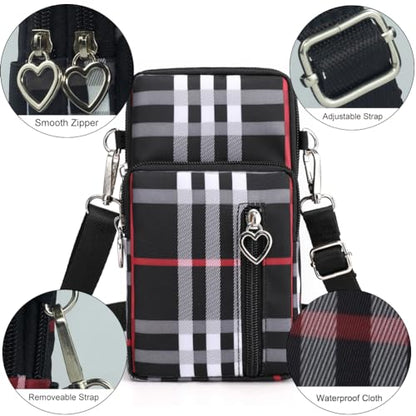 Small Crossbody Bag for Women, Multi Zip Pockets Nylon Wallet Purse Credit Card Holder with Detachable Hand Strap - color: Black Grid