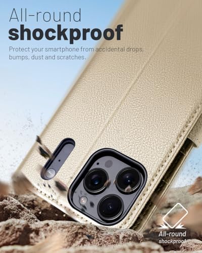 OCASE Compatible with iPhone 17 Pro Wallet Case, PU Leather Flip Folio Case with Card Holders RFID Blocking Kickstand [Shockproof TPU Inner Shell] Phone Cover 6.3 Inch 2025, Gold - color: Gold