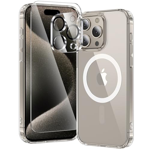 toushion 3 in 1 for iPhone 15 Pro Max Case Clear,Fits MagSafe, Not Yellowing, Screen Protector*1 Camera Lens Protector*1, Military-Grade Protection for Phone Cover 6.7 inch - color: Clear, size: iPhone 15 Pro Max(6.7")