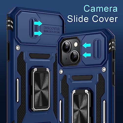 DEERLAMN Case for iPhone 13/iPhone 14 6.1-Inch with Slide Camera Cover+Screen Protector(2 Packs),Rotated Ring Kickstand Military Grade Shockproof Protective Cover-Navy Blue - color: Navy Blue