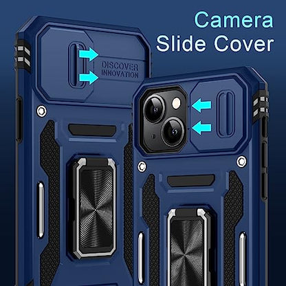 DEERLAMN Case for iPhone 13/iPhone 14 6.1-Inch with Slide Camera Cover+Screen Protector(2 Packs),Rotated Ring Kickstand Military Grade Shockproof Protective Cover-Navy Blue - color: Navy Blue