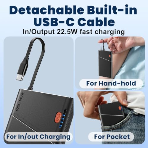 Aaoyun 10000mAh Portable Power Bank, 22.5W PD Fast Charging Battery Pack with Built-in USB-C Cable, Ultra-Slim External Phone Charger for iPhone 17/16/15, Samsung Galaxy S24, Android (Black) - color: Black