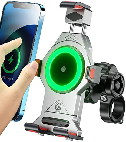 BRCOVAN Aluminum Alloy Motorcycle Phone Mount with Qi 15W Wireless Charger - color: SILVER
