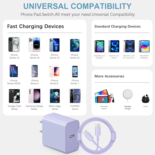 10FT iPhone 17 16 15 Charger Fast Charging USB C Charger Block - color: Purple, size: 10FT