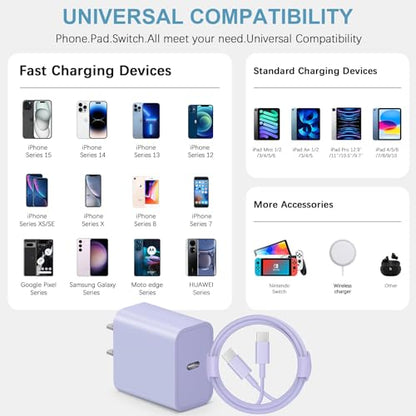 10FT iPhone 17 16 15 Charger Fast Charging USB C Charger Block - color: Purple, size: 10FT