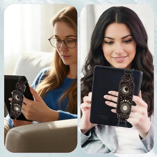 Secure Hand Strap for 6-7.5" Kindle and Tablets, Versatile Lightweight Faux Leather E-Book Grip Holder, Heavy-Duty E-Book Accessories for Reading Lover Gift (Sun and Moon) - color: Sun and Moon