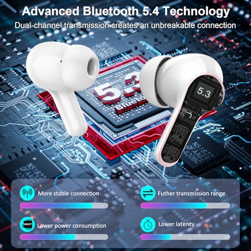 Wireless Earbuds, 2026 Bluetooth 5.4 Headphones Bass Stereo, Ear Buds with 4 Mics ENC Noise Cancelling, Bluetooth Earbuds 48H Playtime LED Display Pink - color: Deep Pink