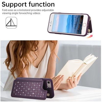 for iPhone 7/8/SE 2022/SE 2020 Wallet Case with Card Holder Slots and Strap, RFID Blocking Magnetic Flip Folio Cover, Crossbody Purse Protection Case with Kickstand,Deep Purple Diamond - color: Deep Purple Diamond, size: iPhone 7/8/SE 2022/SE 2020(6.6")